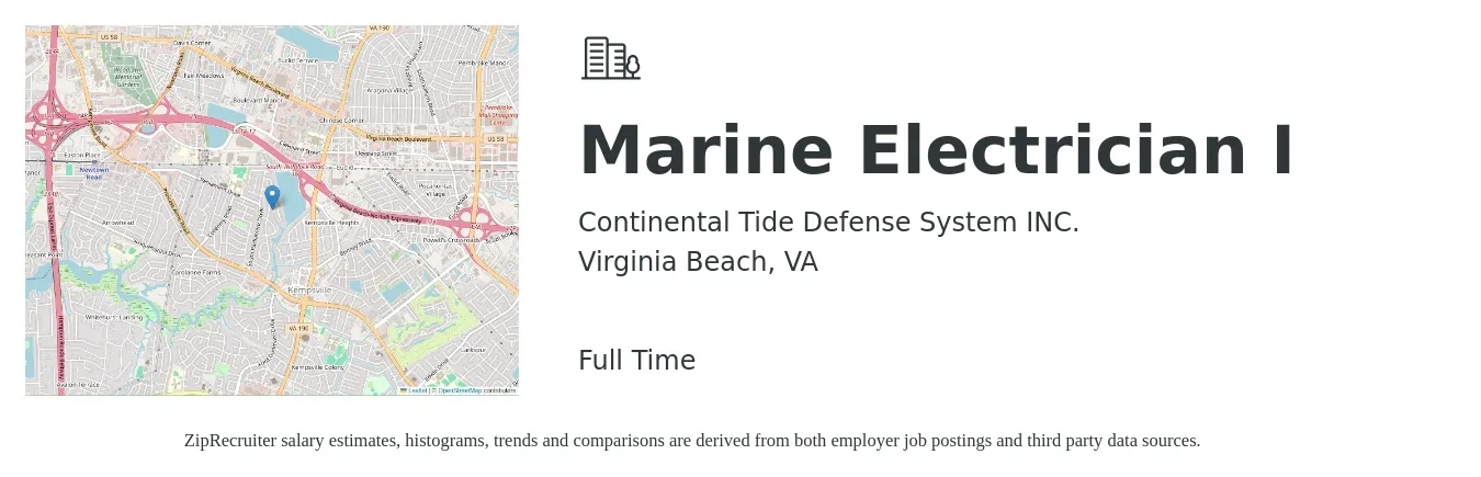 Continental Tide Defense System INC. job posting for a Marine Electrician I in Virginia Beach, VA with a salary of $21 to $27 Hourly with a map of Virginia Beach location.