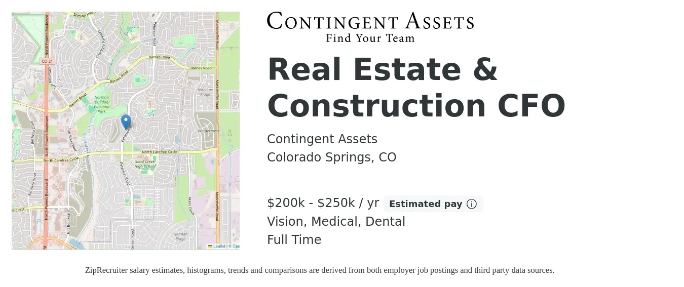 Contingent Assets job posting for a Real Estate & Construction CFO in Colorado Springs, CO with a salary of $200,000 to $250,000 Yearly and benefits including medical, retirement, vision, dental, and life_insurance with a map of Colorado Springs location.