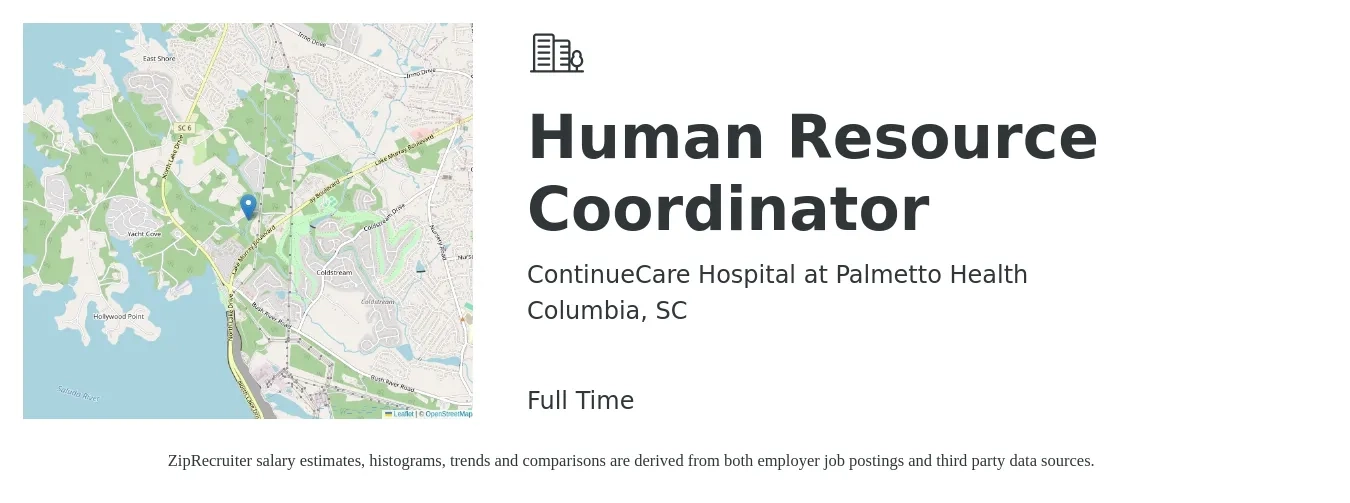 ContinueCare Hospital at Palmetto Health job posting for a Human Resource Coordinator in Columbia, SC with a salary of $20 to $26 Hourly with a map of Columbia location.