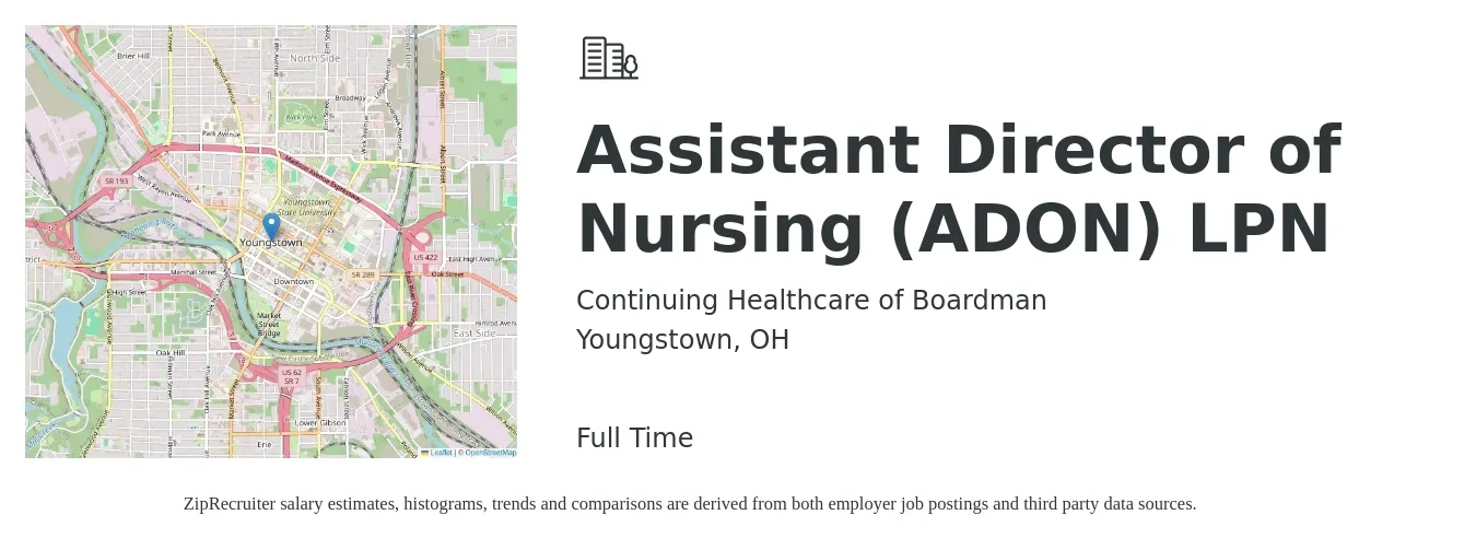 Continuing Healthcare of Boardman job posting for a Assistant Director of Nursing (ADON) LPN in Youngstown, OH with a salary of $71,400 to $94,900 Yearly with a map of Youngstown location.