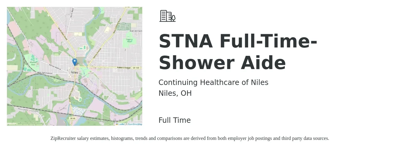 Continuing Healthcare of Niles job posting for a STNA Full-Time- Shower Aide in Niles, OH with a salary of $13 to $18 Hourly with a map of Niles location.