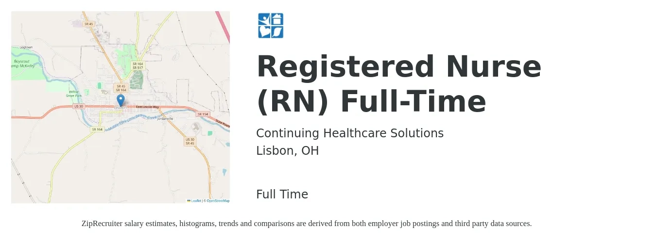 Continuing Healthcare Solutions job posting for a Registered Nurse (RN) Full-Time in Lisbon, OH with a salary of $34 to $52 Hourly with a map of Lisbon location.