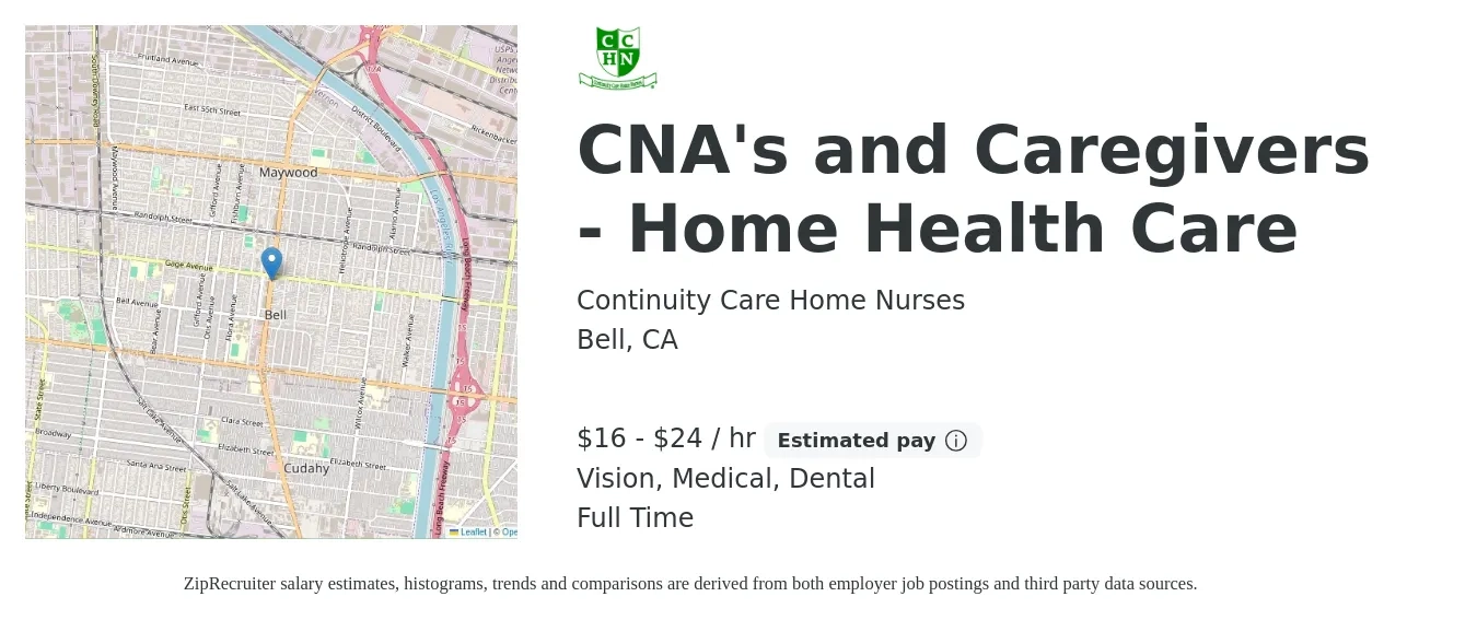 Continuity Care Home Nurses job posting for a CNA's and Caregivers - Home Health Care in Bell, CA with a salary of $17 to $25 Hourly and benefits including medical, retirement, vision, and dental with a map of Bell location.