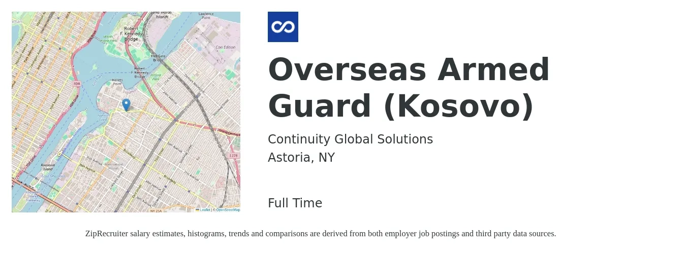 Continuity Global Solutions job posting for a Overseas Armed Guard (Kosovo) in Astoria, NY with a salary of $19 to $24 Hourly with a map of Astoria location.