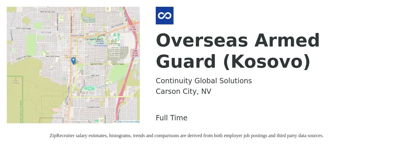 Continuity Global Solutions job posting for a Overseas Armed Guard (Kosovo) in Carson City, NV with a salary of $17 to $22 Hourly with a map of Carson City location.