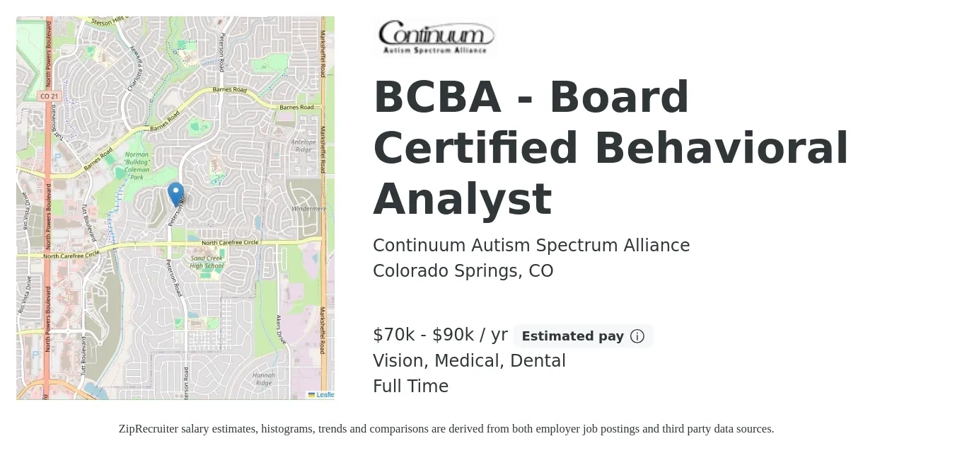 Continuum Autism Spectrum Alliance job posting for a BCBA - Board Certified Behavioral Analyst in Colorado Springs, CO with a salary of $70,000 to $90,000 Yearly and benefits including medical, pto, vision, and dental with a map of Colorado Springs location.