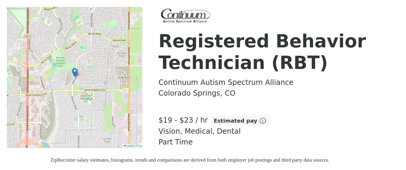 Continuum Autism Spectrum Alliance job posting for a Registered Behavior Technician (RBT) in Colorado Springs, CO with a salary of $20 to $24 Hourly and benefits including vision, dental, and medical with a map of Colorado Springs location.
