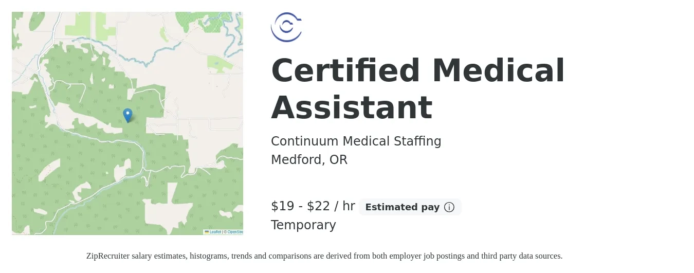 Continuum Medical Staffing job posting for a Certified Medical Assistant in Medford, OR with a salary of $20 to $23 Hourly with a map of Medford location.