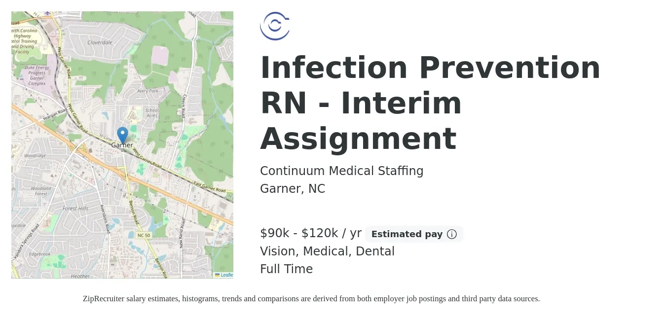 Continuum Medical Staffing job posting for a Infection Prevention RN - Interim Assignment in Garner, NC with a salary of $90,000 to $120,000 Yearly and benefits including vision, dental, and medical with a map of Garner location.