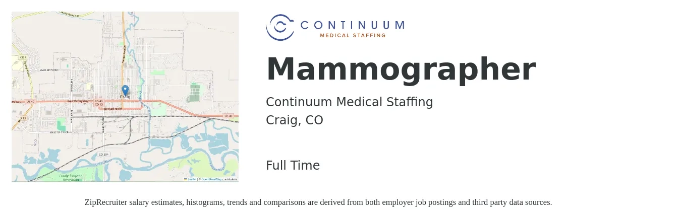 Continuum Medical Staffing job posting for a Mammographer in Craig, CO with a salary of $34 to $52 Hourly with a map of Craig location.