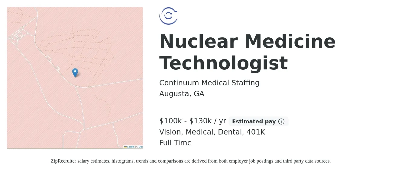 Continuum Medical Staffing job posting for a Nuclear Medicine Technologist in Augusta, GA with a salary of $100,000 to $130,000 Yearly and benefits including 401k, dental, life_insurance, medical, and vision with a map of Augusta location.