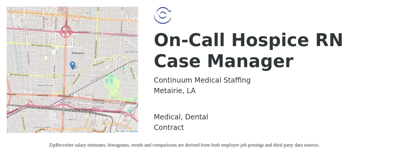 Continuum Medical Staffing job posting for a On-Call Hospice RN Case Manager in Metairie, LA with a salary of $2,000 to $2,093 Weekly and benefits including dental, and medical with a map of Metairie location.