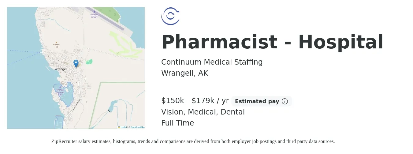 Continuum Medical Staffing job posting for a Pharmacist - Hospital in Wrangell, AK with a salary of $150,000 to $179,000 Yearly and benefits including vision, dental, life_insurance, medical, pto, and retirement with a map of Wrangell location.