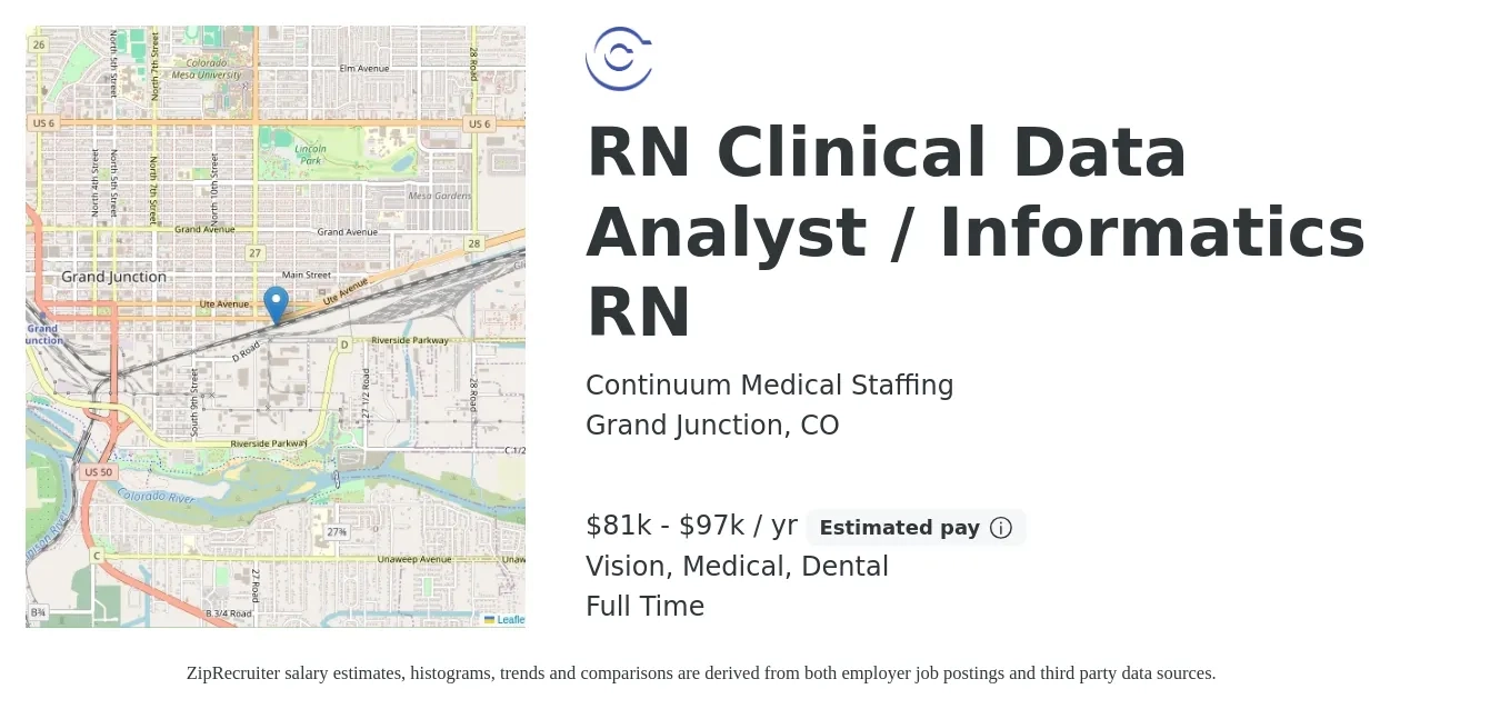 Continuum Medical Staffing job posting for a RN Clinical Data Analyst / Informatics RN in Grand Junction, CO with a salary of $81,000 to $97,000 Yearly and benefits including life_insurance, medical, pto, retirement, vision, and dental with a map of Grand Junction location.