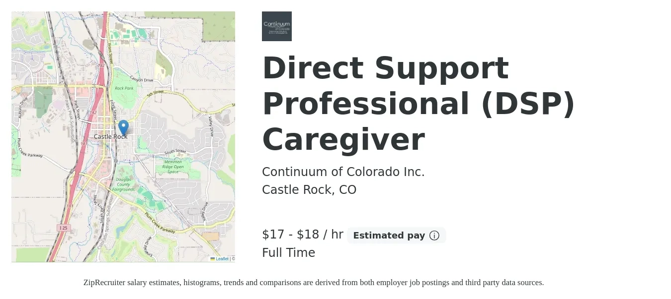 Continuum of Colorado Inc. job posting for a Direct Support Professional (DSP) Caregiver in Castle Rock, CO with a salary of $18 to $19 Hourly with a map of Castle Rock location.