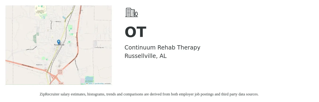 Continuum Rehab Therapy job posting for a OT in Russellville, AL with a salary of $31 to $41 Hourly with a map of Russellville location.
