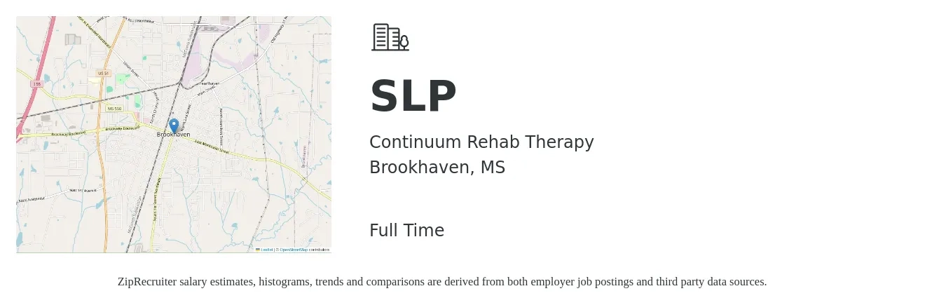 Continuum Rehab Therapy job posting for a SLP in Brookhaven, MS with a salary of $30 to $41 Hourly with a map of Brookhaven location.