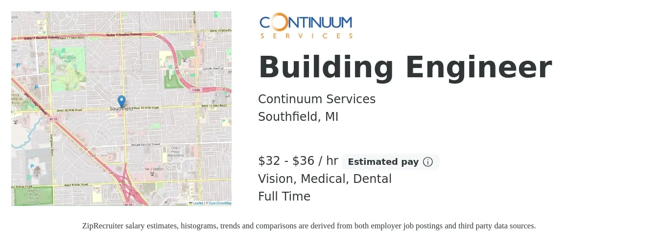Continuum Services job posting for a Building Engineer in Southfield, MI with a salary of $34 to $38 Hourly and benefits including dental, life_insurance, medical, pto, retirement, and vision with a map of Southfield location.