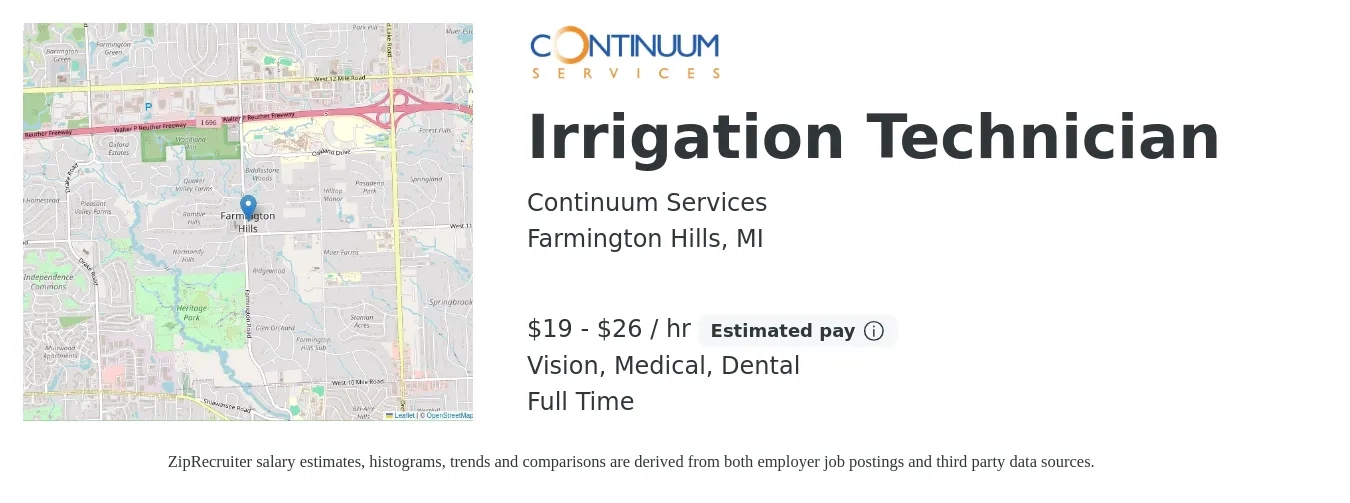 Continuum Services job posting for a Irrigation Technician in Farmington Hills, MI with a salary of $20 to $28 Hourly and benefits including dental, life_insurance, medical, retirement, and vision with a map of Farmington Hills location.