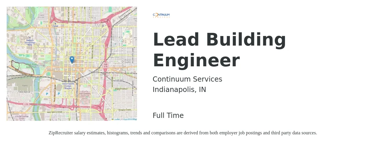 Continuum Services job posting for a Lead Building Engineer in Indianapolis, IN with a salary of $97,900 to $129,000 Yearly with a map of Indianapolis location.