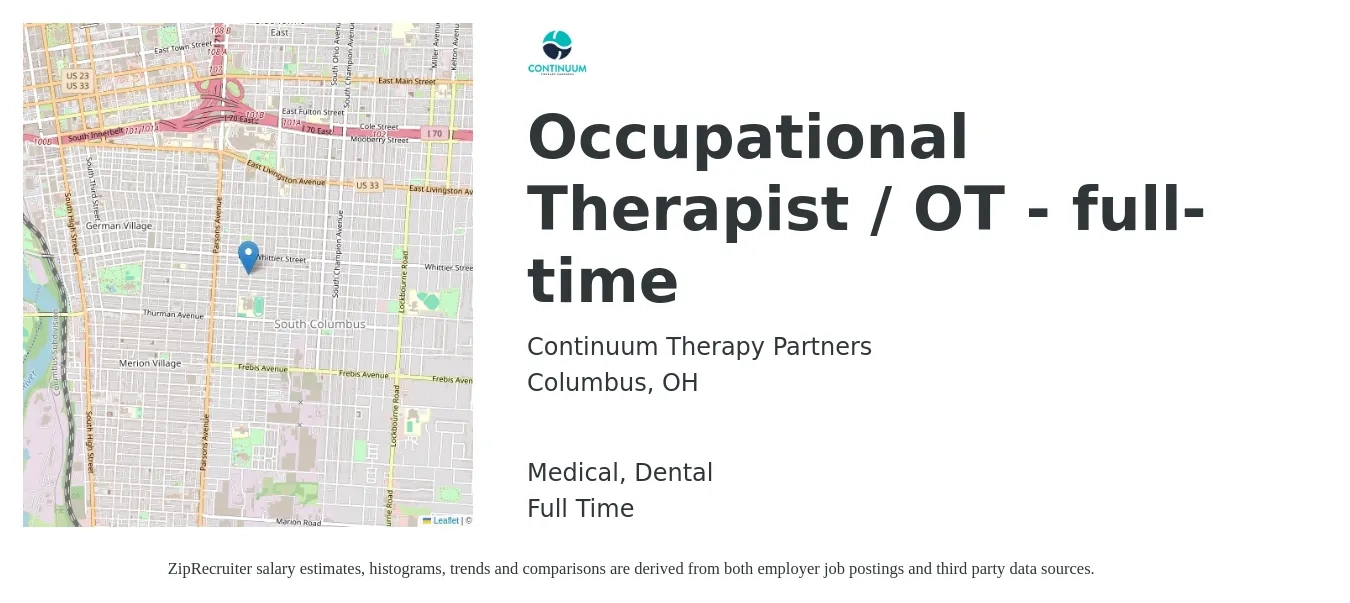Continuum Therapy Partners job posting for a Occupational Therapist / OT - full-time in Columbus, OH with a salary of $39 to $51 Hourly and benefits including dental, life_insurance, medical, and retirement with a map of Columbus location.