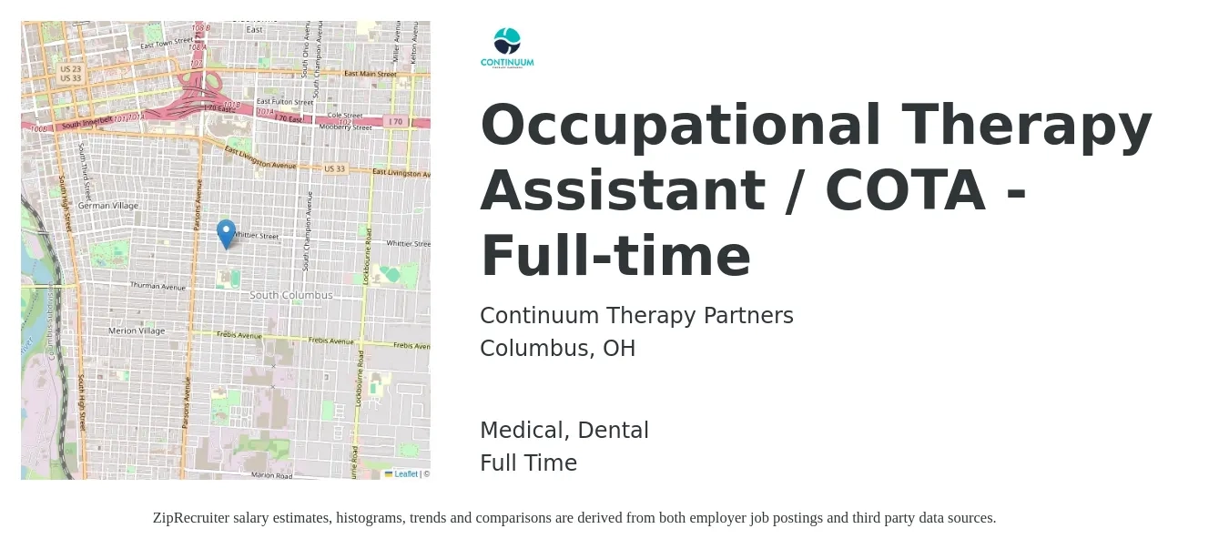 Continuum Therapy Partners job posting for a Occupational Therapy Assistant / COTA - Full-time in Columbus, OH with a salary of $28 to $37 Hourly and benefits including dental, life_insurance, medical, and retirement with a map of Columbus location.