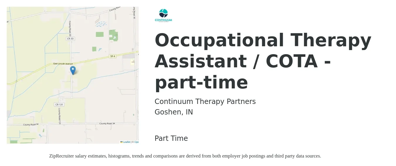 Continuum Therapy Partners job posting for a Occupational Therapy Assistant / COTA - part-time in Goshen, IN with a salary of $26 to $34 Hourly and benefits including retirement with a map of Goshen location.