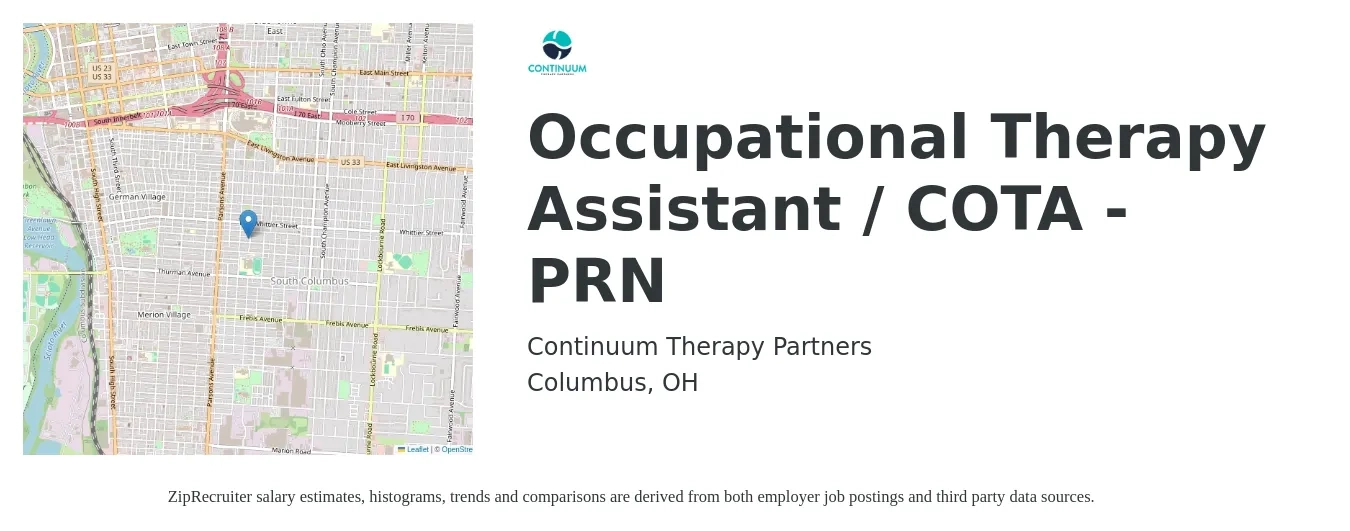 Continuum Therapy Partners job posting for a Occupational Therapy Assistant / COTA - PRN in Columbus, OH with a salary of $28 to $37 Hourly with a map of Columbus location.