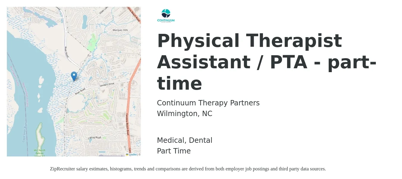 Continuum Therapy Partners job posting for a Physical Therapist Assistant / PTA - part-time in Wilmington, NC with a salary of $26 to $34 Hourly and benefits including dental, life_insurance, medical, and retirement with a map of Wilmington location.