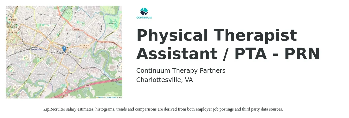 Continuum Therapy Partners job posting for a Physical Therapist Assistant / PTA - PRN in Charlottesville, VA with a salary of $26 to $35 Hourly with a map of Charlottesville location.