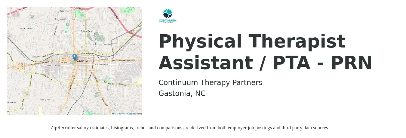 Continuum Therapy Partners job posting for a Physical Therapist Assistant / PTA - PRN in Gastonia, NC with a salary of $26 to $34 Hourly with a map of Gastonia location.
