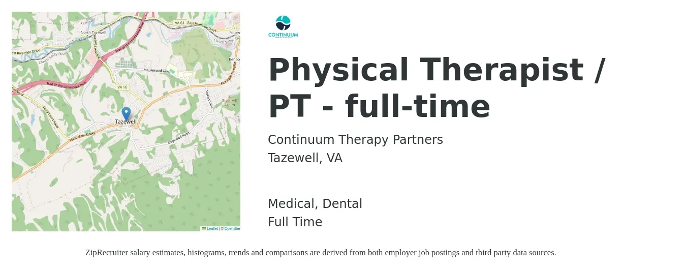 Continuum Therapy Partners job posting for a Physical Therapist / PT - full-time in Tazewell, VA with a salary of $1,530 to $1,990 Weekly and benefits including dental, life_insurance, medical, and retirement with a map of Tazewell location.