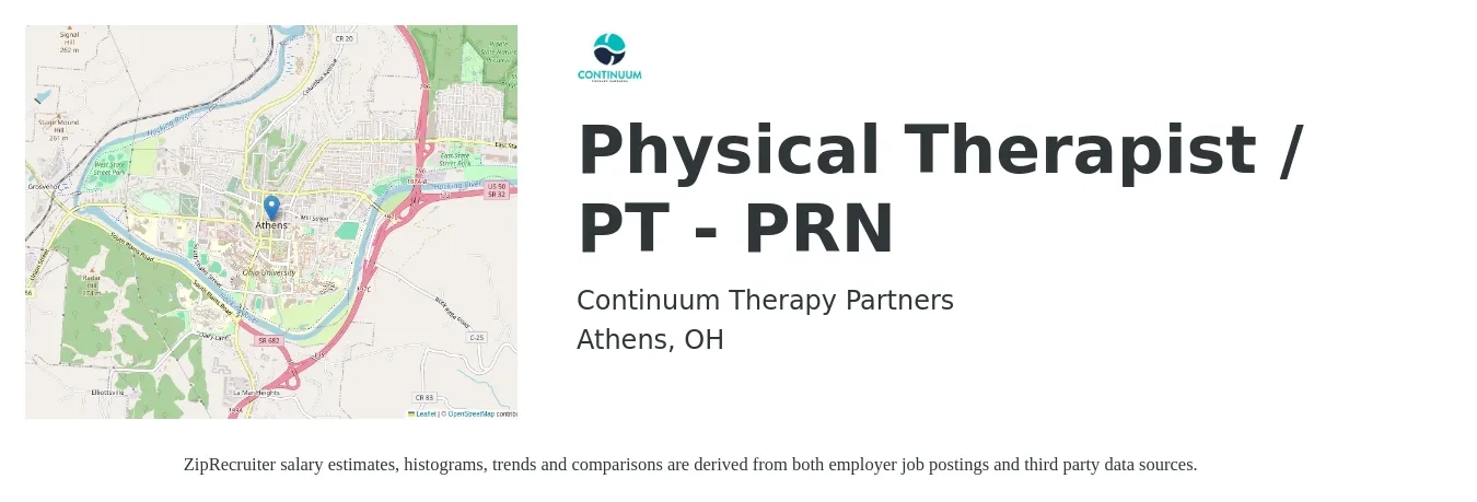 Continuum Therapy Partners job posting for a Physical Therapist / PT - PRN in Athens, OH with a salary of $1,310 to $1,700 Weekly with a map of Athens location.