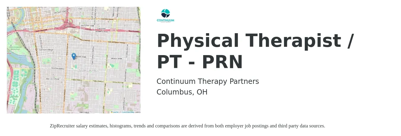 Continuum Therapy Partners job posting for a Physical Therapist / PT - PRN in Columbus, OH with a salary of $1,600 to $2,080 Weekly with a map of Columbus location.