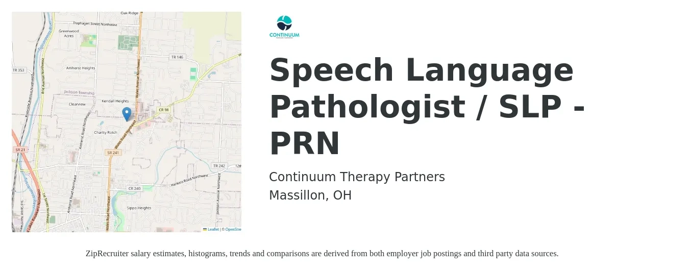 Continuum Therapy Partners job posting for a Speech Language Pathologist / SLP - PRN in Massillon, OH with a salary of $34 to $49 Hourly with a map of Massillon location.