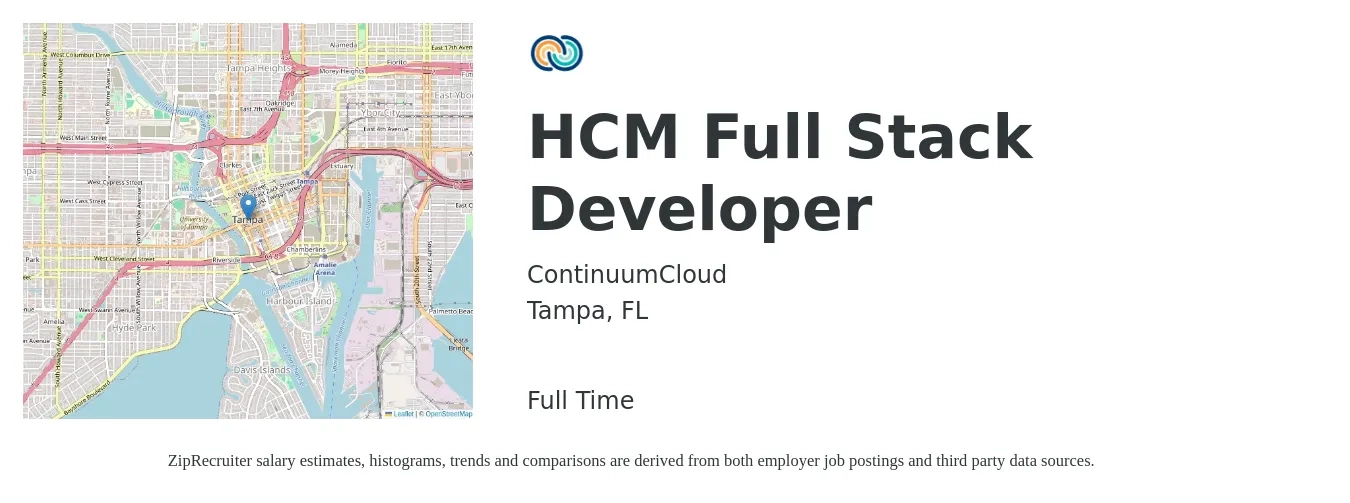 ContinuumCloud job posting for a HCM Full Stack Developer in Tampa, FL with a salary of $48 to $67 Hourly with a map of Tampa location.