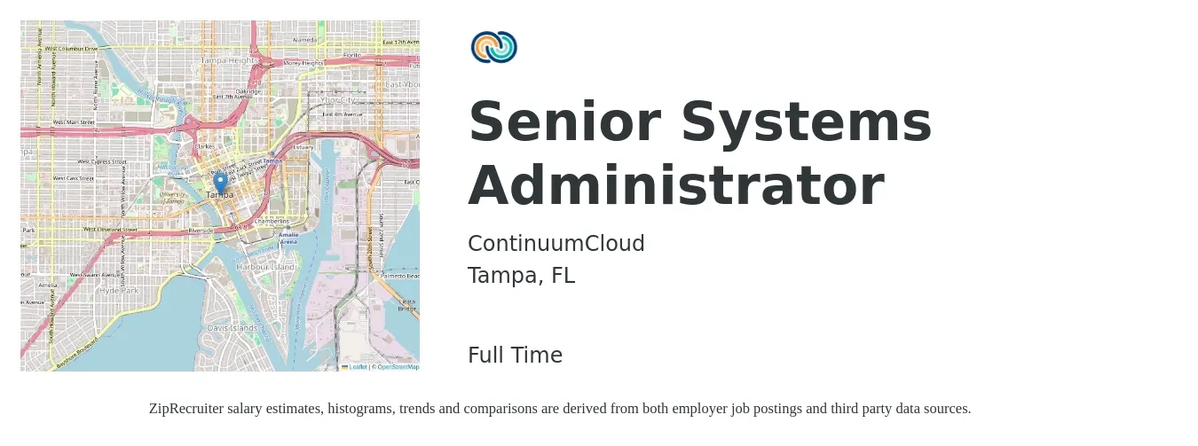 ContinuumCloud job posting for a Senior Systems Administrator in Tampa, FL with a salary of $81,300 to $110,100 Yearly with a map of Tampa location.