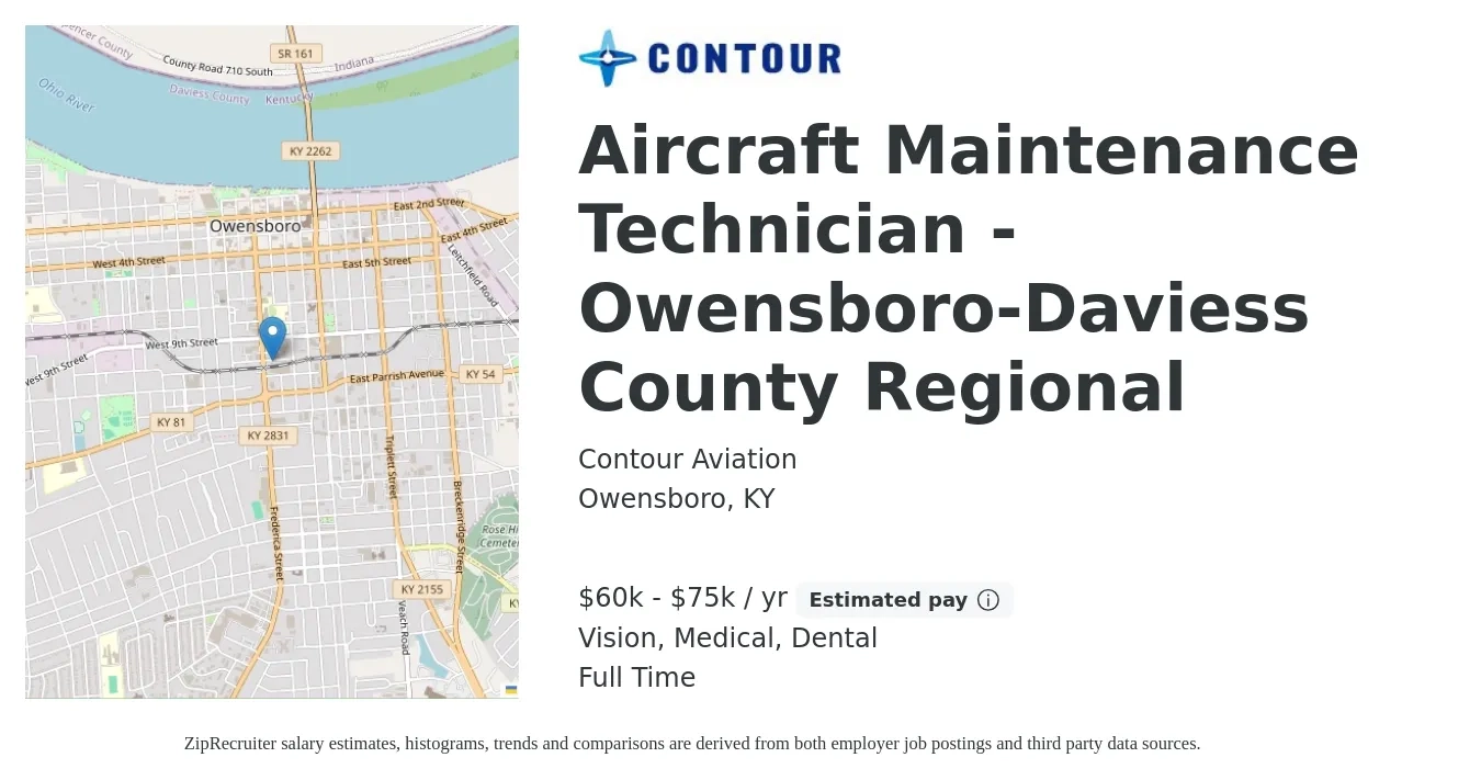 Contour Aviation job posting for a Aircraft Maintenance Technician -Owensboro-Daviess County Regional in Owensboro, KY with a salary of $60,000 to $75,000 Yearly and benefits including dental, life_insurance, medical, retirement, and vision with a map of Owensboro location.