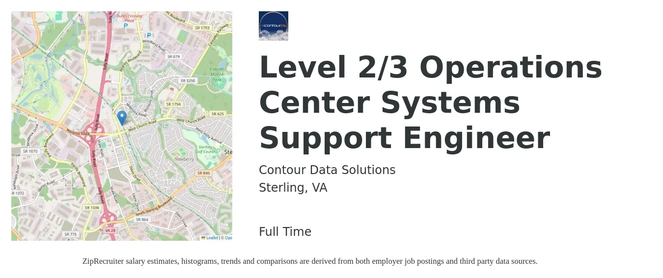 Contour Data Solutions job posting for a Level 2/3 Operations Center Systems Support Engineer in Sterling, VA with a salary of $33 to $51 Hourly with a map of Sterling location.