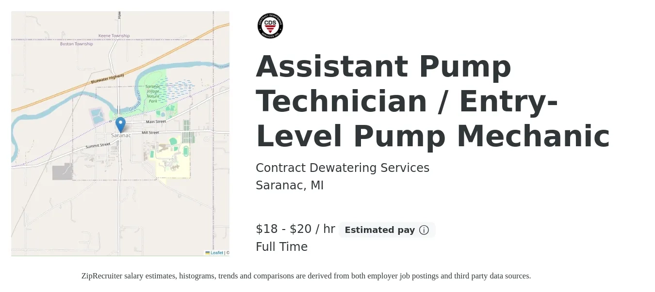 Contract Dewatering Services job posting for a Assistant Pump Technician / Entry-Level Pump Mechanic in Saranac, MI with a salary of $19 to $21 Hourly with a map of Saranac location.