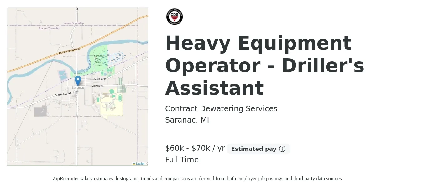 Contract Dewatering Services job posting for a Heavy Equipment Operator - Driller's Assistant in Saranac, MI with a salary of $60,000 to $70,000 Yearly with a map of Saranac location.