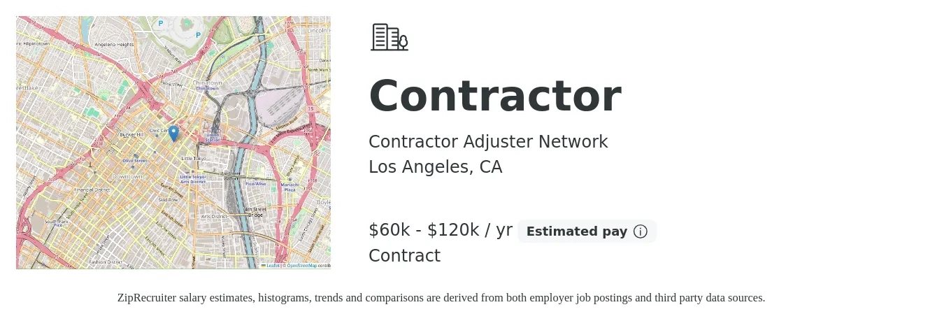 Contractor Adjuster Network job posting for a Contractor in Los Angeles, CA with a salary of $60,000 to $120,000 Yearly with a map of Los Angeles location.
