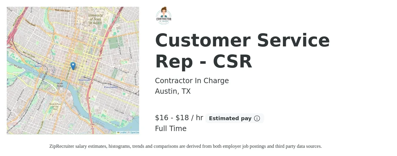 Contractor In Charge job posting for a Customer Service Rep - CSR in Austin, TX with a salary of $17 to $19 Hourly with a map of Austin location.