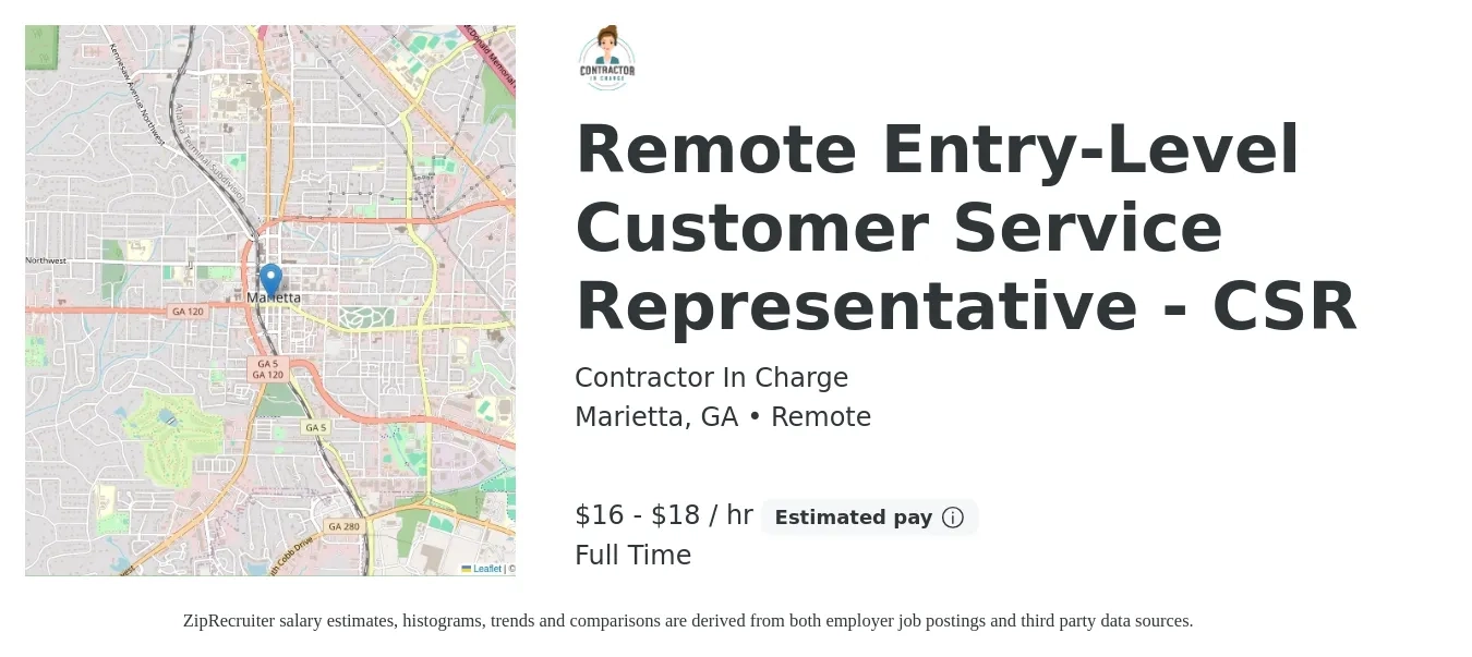 Contractor In Charge job posting for a Remote Entry-Level Customer Service Representative - CSR in Marietta, GA with a salary of $17 to $19 Hourly with a map of Marietta location.
