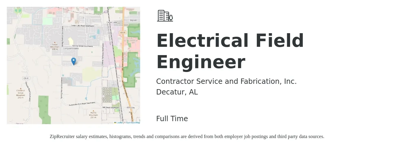 Contractor Service and Fabrication, Inc. job posting for a Electrical Field Engineer in Decatur, AL with a salary of $77,800 to $123,700 Yearly with a map of Decatur location.