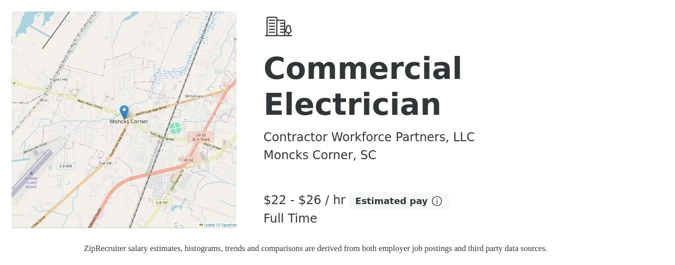 Contractor Workforce Partners, LLC job posting for a Commercial Electrician in Moncks Corner, SC with a salary of $23 to $28 Hourly with a map of Moncks Corner location.