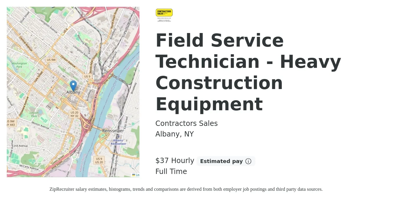 Contractors Sales job posting for a Field Service Technician - Heavy Construction Equipment in Albany, NY with a salary of $39 Hourly with a map of Albany location.