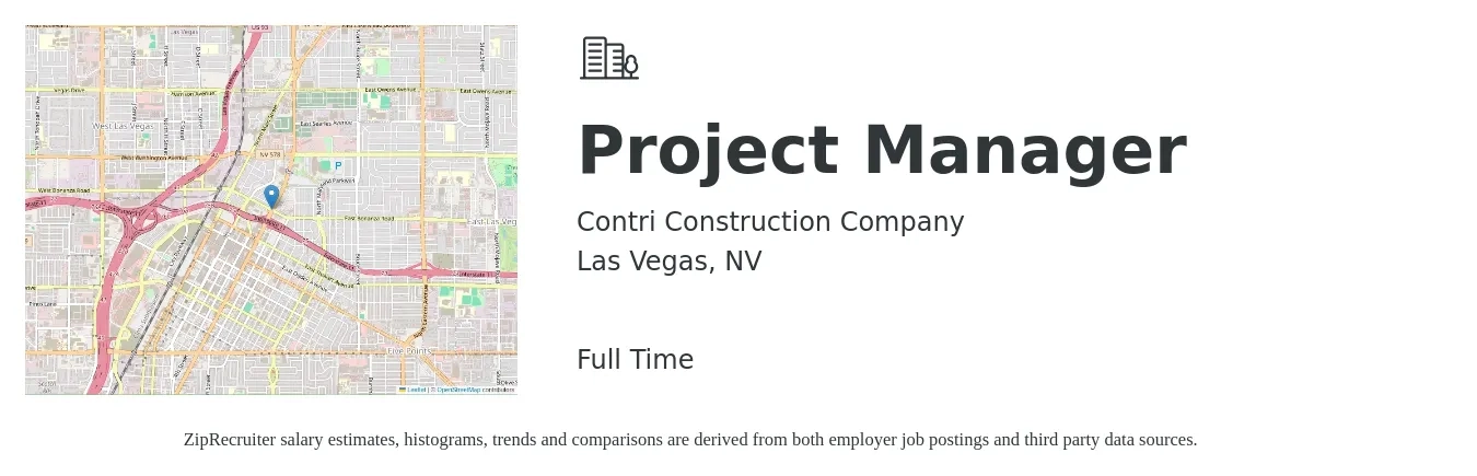 Contri Construction Company job posting for a Project Manager in Las Vegas, NV with a salary of $73,800 to $115,600 Yearly with a map of Las Vegas location.