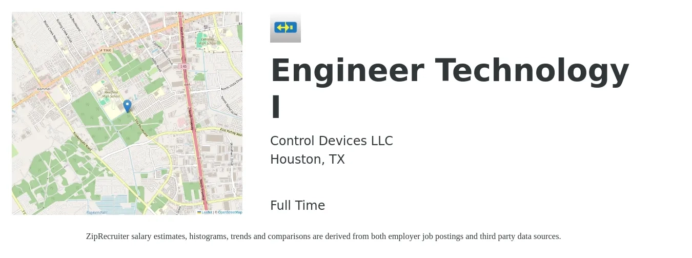 Control Devices LLC job posting for a Engineer Technology I in Houston, TX with a salary of $46,800 to $66,600 Yearly with a map of Houston location.