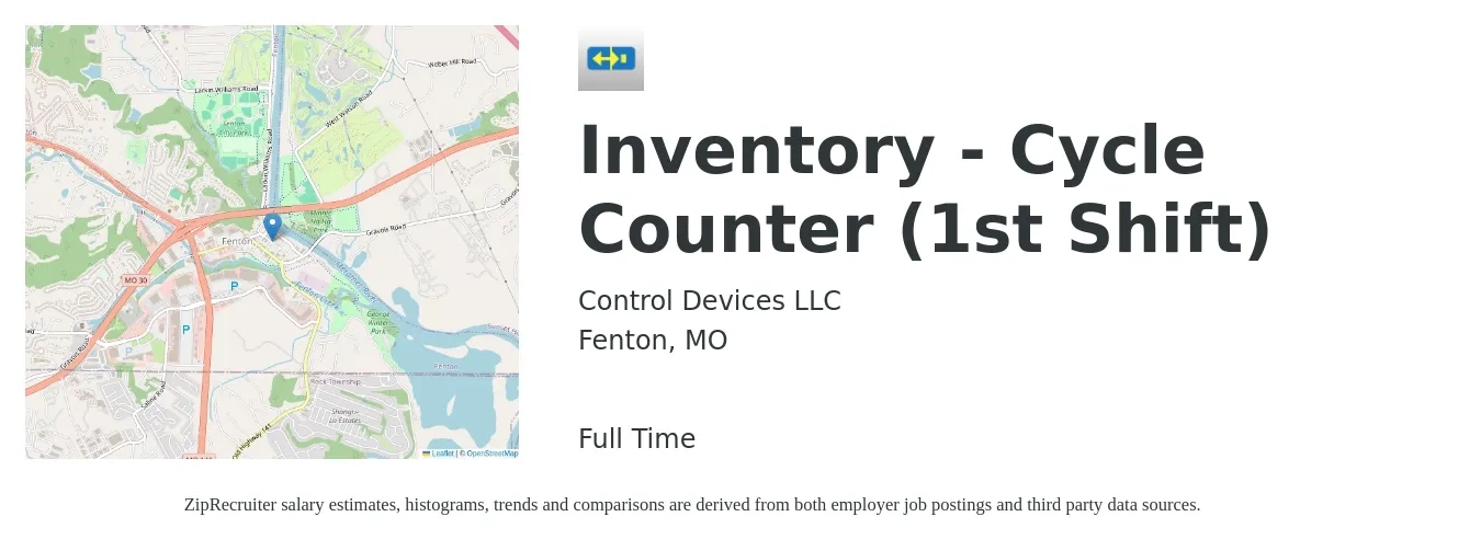 Control Devices LLC job posting for a Inventory - Cycle Counter (1st Shift) in Fenton, MO with a salary of $15 to $19 Hourly with a map of Fenton location.